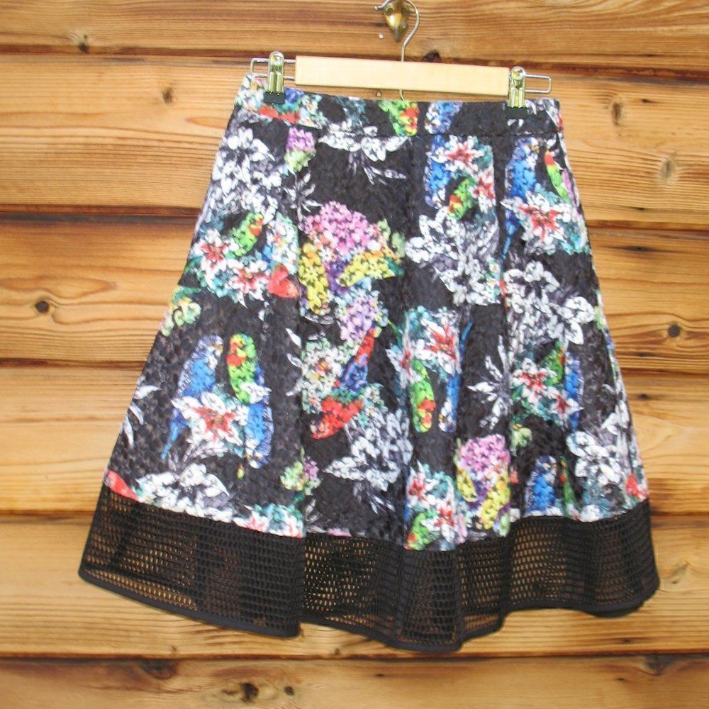 Black Parrot Bird Print Floral Full Skirt